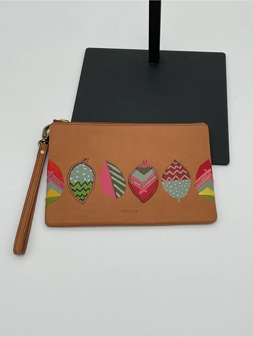 Fossil Tan Leather Wristlet Clutch with Multicolor Leaf Appliqués